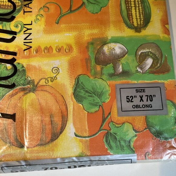 Vintage Fall Vinyl Tablecloth Flannel Backed 52x70" Oblong Mushrooms Pumpkin NOS - Picture 4 of 5